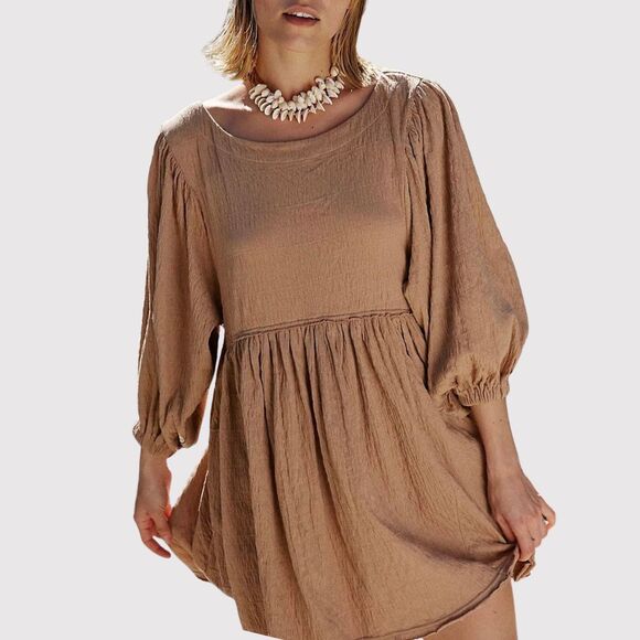 Free People Beach Dress Brown Get Obsessed Babydoll Mini Puff Sleeve A Line XS - Picture 1 of 11